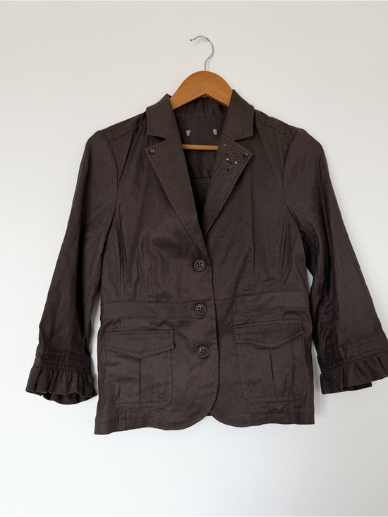Vintage Jackets & Blazers - 3/4 length sleeve Taupe  Blazer Jacket with Rouged Details and Bedazzled Lapel